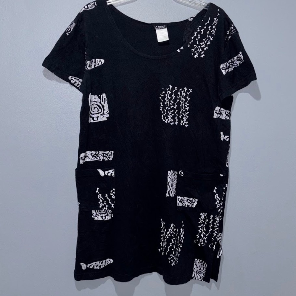IG Sport Tunic Dress Women Medium Black Cotton Batik Abstract Pockets Boho